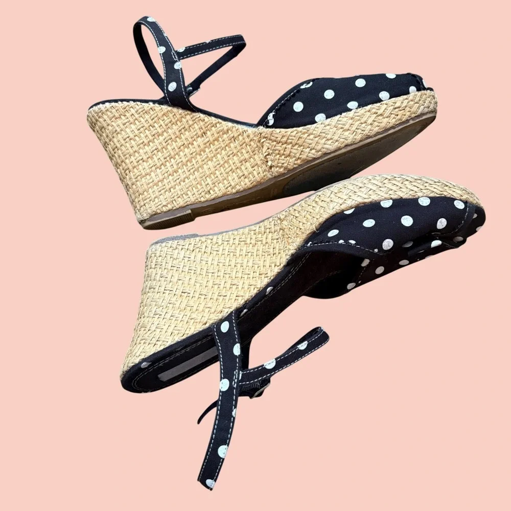 Vtg Y2K Glam Core Babydoll Xhilaration Polka Dot Bow Strappy Wicker Wedge Heel